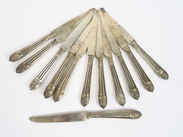 Suite de 12 couteaux à fruits de style Louis XVI, lames argent, manche