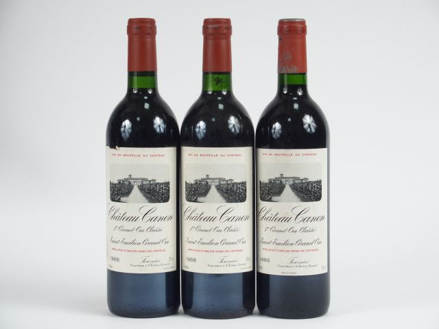 3 BOUTEILLES CHÂTEAU CANON 1er GCC ST EMILION : 2 de 1988 - 1 de 1989