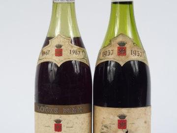 2 BOUTEILLES L. MAX : 1 BEAUNE 1er CRU 1967 4,5 CM - 1 CORTON 1957 7 C