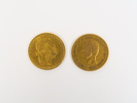 1 pièce de 20 lires Charles Albert or, 1 pièce de 20 francs François J