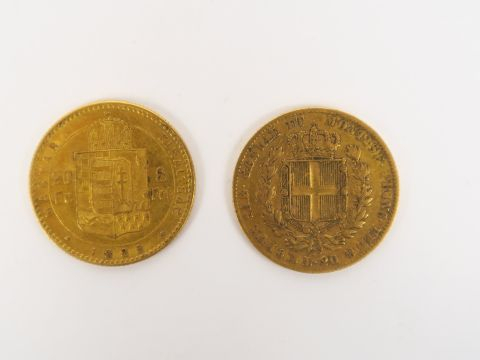 1 pièce de 20 lires Charles Albert or, 1 pièce de 20 francs François J