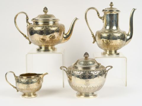 ODIOT. Service à café et à thé en argent poinçon Minerve, de style Lou