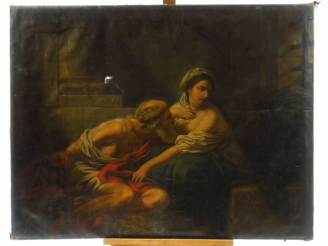 Vente aux enchères J. Y LARRIEUX 'Allégorie de la charité".  Huile sur toile signée en ba