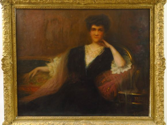 Vente aux enchères A. MATIGNON "Portrait de dame au sofa" Huile sur toile, signée en bas 