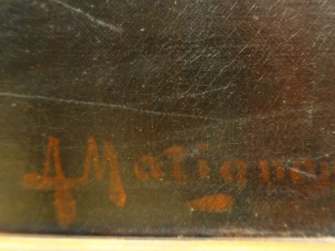 A. MATIGNON "Portrait de dame au sofa" Huile sur toile, signée en bas 