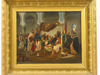 Vente aux enchères Ecole orientaliste "Guerriers arabes dans la salle des gardes" Huile s