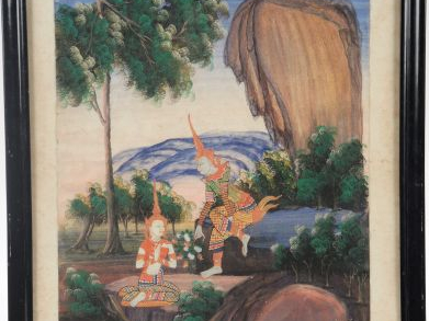 Suite de sept gouaches sur papier représentant des scènes du Ramayana 