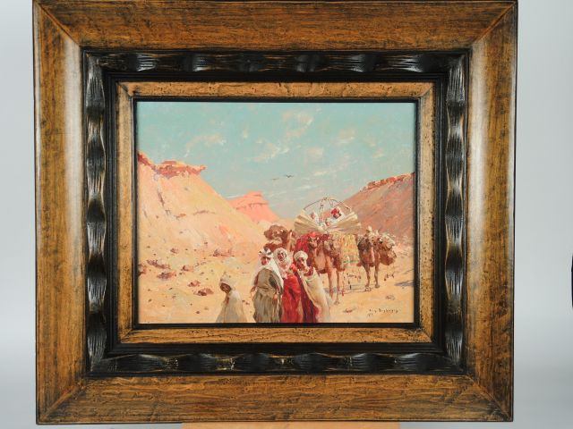 Eugène DESHAYES, " La Caravane ". Huile sur toile, signée en bas à dro