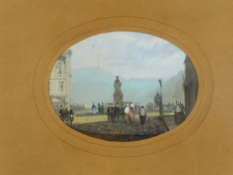 Vente aux enchères LAROQUE « Ville animée » Miniature en médaillon  6.5 x 9 cm