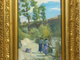 Vente aux enchères 	Ecole française XIX ème « Les lavandières au chapeau de paille » 	Hui