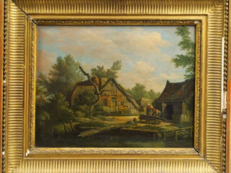 Vente aux enchères 	Ecole du Nord XIX ème « Paysans devant leur chaumière » Huile sur pan