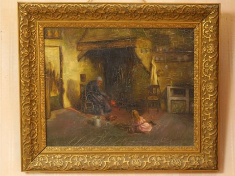 DEVILLE – CHABROL « Fillette et sa grand-mère près de l’âtre » Huile s