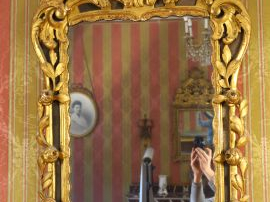 Vente aux enchères 	Glace Louis XV en bois sculpté et doré, à décor de roses, de feuilles