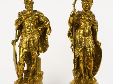 Paire de sculptures allégoriques XIXème en bronze doré figurant Mars e