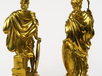Paire de sculptures allégoriques XIXème en bronze doré figurant Mars e