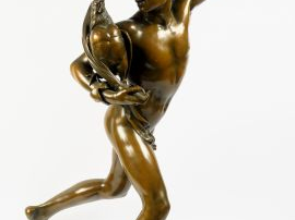 A. FALGUIERE "L'enfant vainqueur au combat de coq". Sculpture en bronz