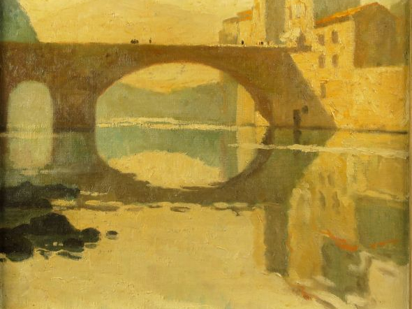 Ecole française fin XIXème  "Le pont du village". Huile sur toile. 38 