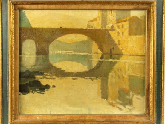Ecole française fin XIXème  "Le pont du village". Huile sur toile. 38 