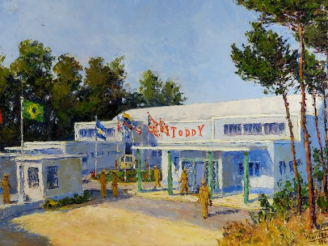 Vente aux enchères Ecole brésilienne XXème "La sortie de l'usine Toddy".  Huile sur isore