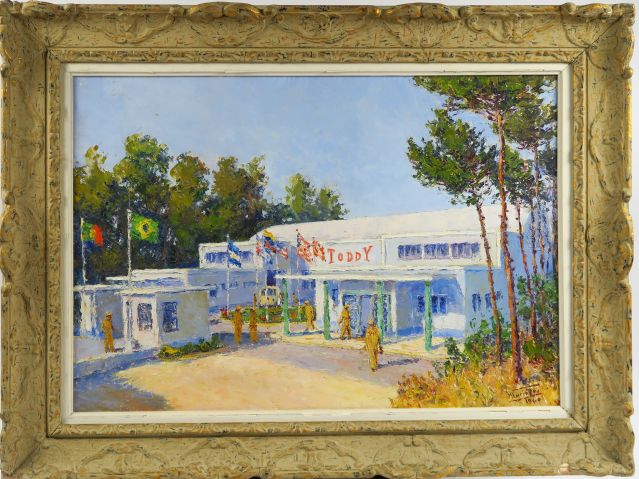 Ecole brésilienne XXème "La sortie de l'usine Toddy".  Huile sur isore