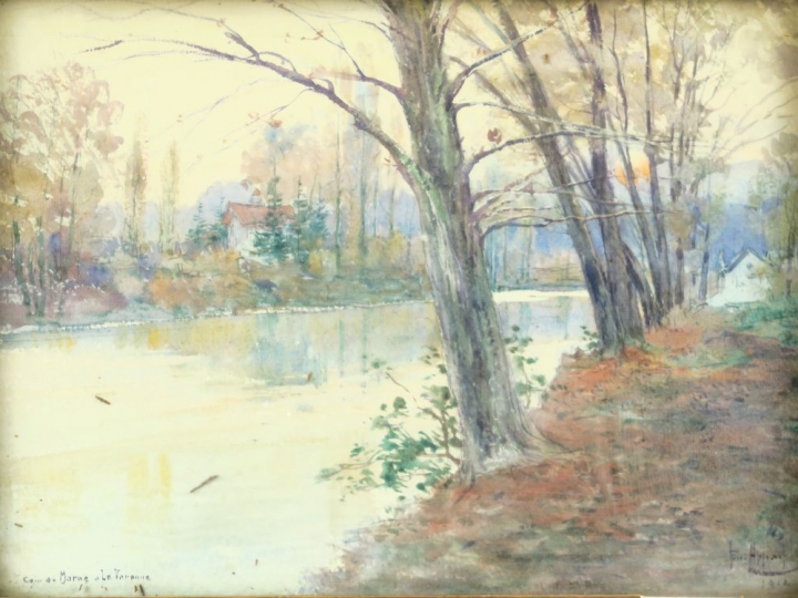 EMILE APPRY.  "La Marne à La Varenne". Aquarelle, signée en bas à droi