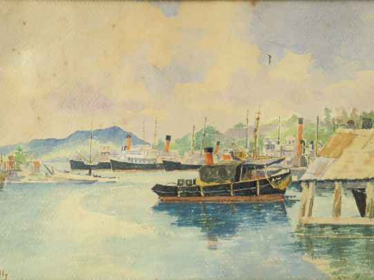 PA. BAILLY "Le port de Fort de France".  Aquarelle, signée en bas à ga