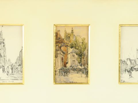 Frank BOGGS. Trois différentes études de villes animées.  Trois dessin