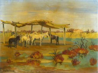 Vente aux enchères Yves BRAYER "Chevaux sous l'abri".  Huile sur toile, signée en bas à g