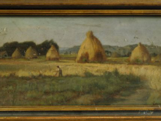 Vente aux enchères Leon DIERX "Paysage aux meules de foin". Huile sur panneau, signée en 