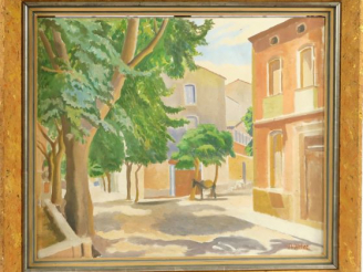 Vente aux enchères R. IHLEE "Village du Midi en été".  Huile sur toile, signée en bas à d
