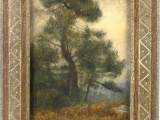 Vente aux enchères E. LOUP "Sapins sous l'orage". Huile sur panneau, signée en bas à gauc