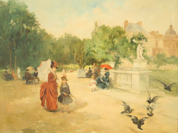 PAREDES "Promenade au jardin du Luxembourg". Huile sur toile, signée e