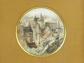 Vente aux enchères ROBIDA "Paysage et vues de ville". Trois dessins au crayon de couleur 