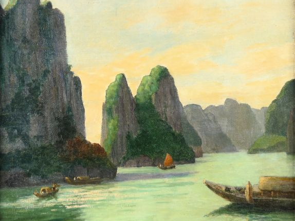 JC. THOINOT "La baie d'Along".  Huile sur toile, signée en bas à gauch