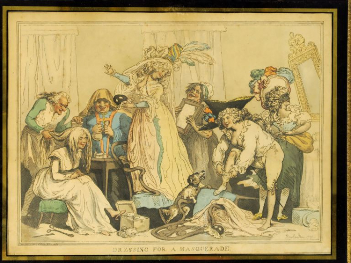 R ROWLANDSON. "Dressing for masquerad". Gravure XVIII ème rehaussée, s