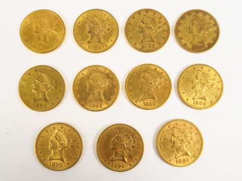 11 pièces de 10 dollars or