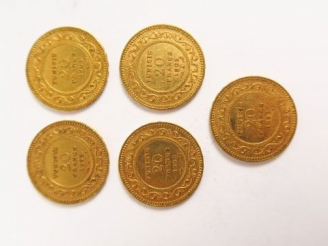 Vente aux enchères 5 pièces de 20 francs tunisie or