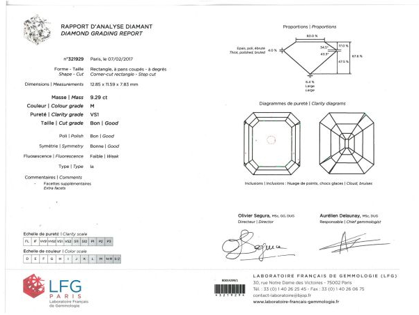 Brillant rectangulaire de 9,29 cts couleur M, pureté VS1, entouré de 4