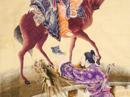 Tenture murale figurant un personnage sur un dragon présentant une off