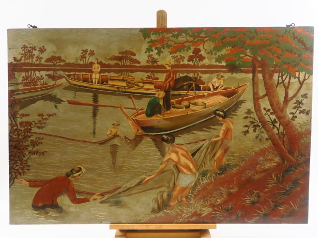 Belle composition en laque polychrome sur panneau, représentant des pê