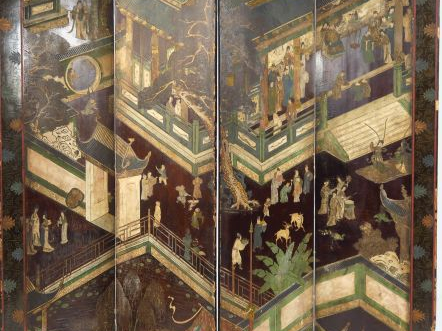 Paravent à quatre feuilles en laque de Coromandel, décor finement grav