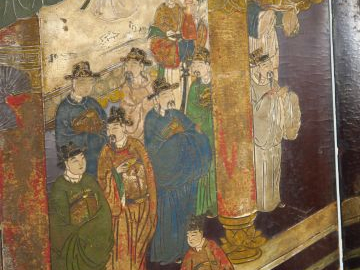 Paravent à quatre feuilles en laque de Coromandel, décor finement grav