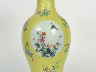 Vente aux enchères Vase balustre en porcelaine, à décor en médaillon d'oiseaux et végétau
