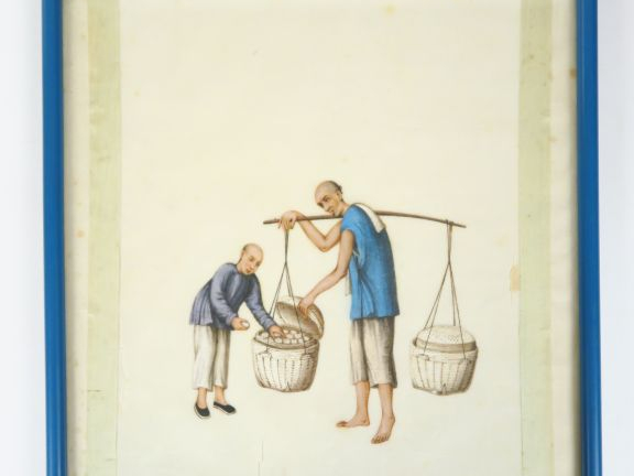 Suite de cinq gouaches de Canton sur papier de riz représentant différ