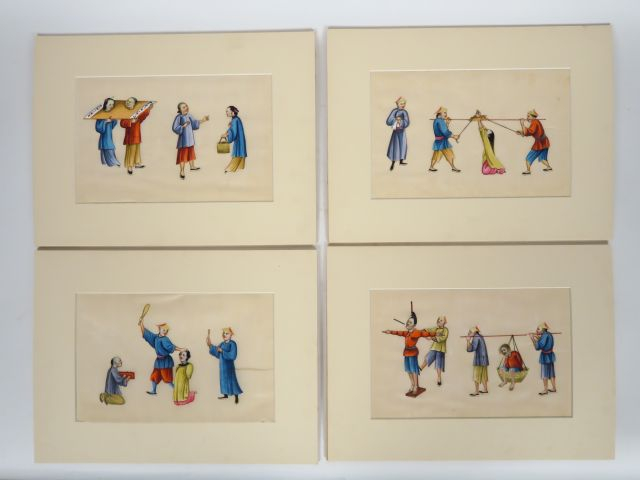 Douze gouaches de Canton sur papier de riz, représentant des jugements