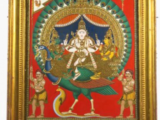 Vente aux enchères Importante peinture de Tanjore représentant Vishnou entourée d'adorant