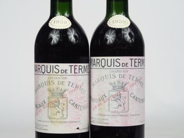 2 BOUTEILLES CHÂTEAU MARQUIS DE TERME CC MARGAUX - 1959 - 1 BG/1 LB/ET