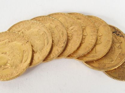 8 pièces de 20 Francs, Francs Suisse ou Lires en or: - 6 x Marianne, -