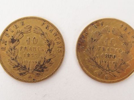 2 pièces de 10 Francs or, Napoléon III tête nue, 1857-Paris et 1860-St