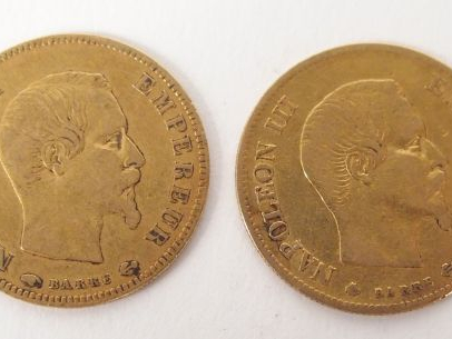 2 pièces de 10 Francs or, Napoléon III tête nue, 1857-Paris et 1860-St